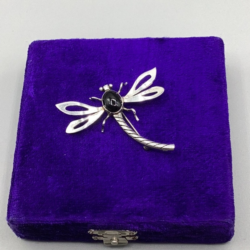 Vintage Mexican Sterling Silver and Onyx Dragonfly Brooch 925